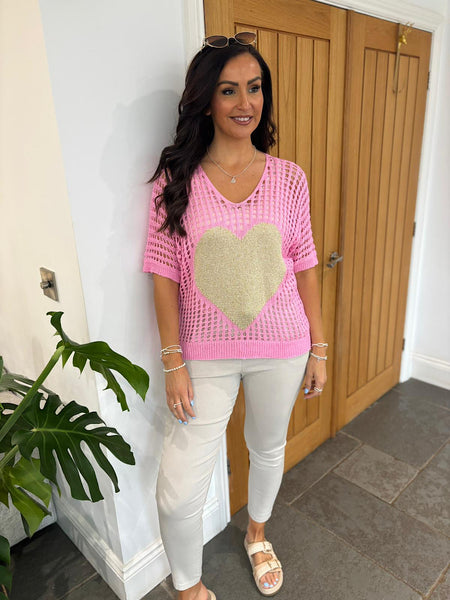 Candy Pink Loose Knit Gold Heart Top Linda – Tillett's