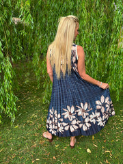 Navy Pleated Floral Stripe Dress Leona