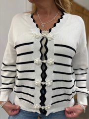 White Scalloped Edge Striped Cardi Clara
