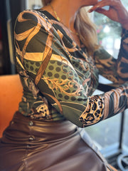 Khaki Mixed Print Twist Front Top Bronte
