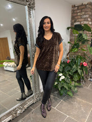 Chocolate Velour Sequin Trim Top Gabby