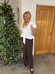 Winter White Short Sleeve Brooch Top Leona