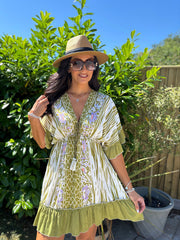 Olive Multi Print Kaftan Tunic Dress Fern