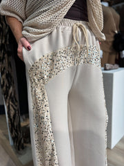 Stone Cropped Sequin Panel Wide Leg Trousers