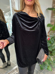 Black Velour Cowl Neck Sparkle Top Olivia