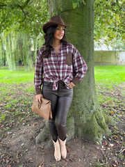 Wine Faux Leather Trim Checked Shirt Jess