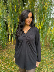 Black Gathered V Neck Top Elsie