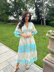 Blue Tiered Golden Leaf Kaftan Dress Molly