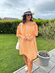 Orange  Bardot Bubble Cotton Leopard Dress Isla