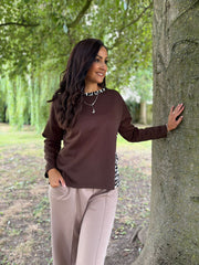 Chocolate Leopard Trim Sweat Top Kathy