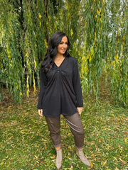 Black Gathered V Neck Top Elsie