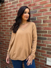 Camel Diamante V Neck Knit Tori