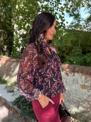 Wine Floral Mesh Top Louise