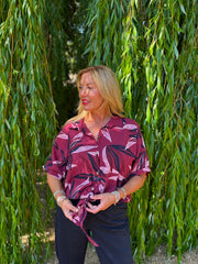 Wine Sketched Leaf Tie Front Blouse Brielle