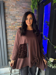 Chocolate Ruch Sequin Detail Top Avril