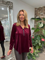 Wine Velour Diamante Zip Top Cassie
