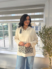 Stone Leopard Trim Hoodie Joan