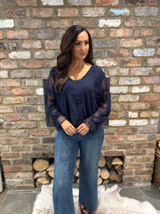 Navy Textured Floral Mesh Top Imogen