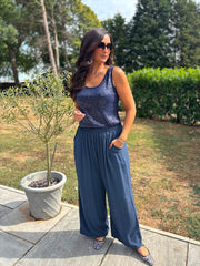 Navy Wide Leg Pull On Trousers Cara