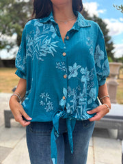 Teal Botanical Tie Front Blouse Brielle