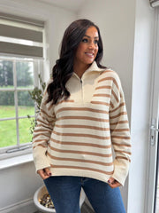 Camel Striped Zip Collar Knit Charlie