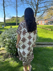 Mocha Flower Pattern Shirt Dress Savana