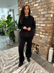 Black Premium Faux Feather Trouser Set Teya