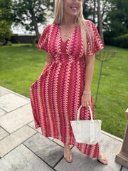 Red Crochet Patterned Stripe Dress Anabelle