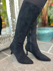 Black Faux Suede Pointed Knee High Boots