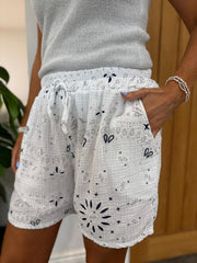 White Paisley Bubble Cotton Shorts