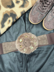 Chocolate Faux Fur Gem Buckle Belt