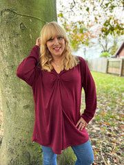 Wine Gathered V Neck Top Elsie
