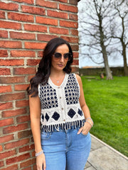 Navy Crochet Fringe Waistcoat Jan