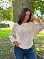 Stone Applique Ruffle Sleeve Knit Crystal