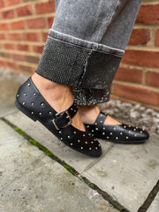 Black Stud Buckle Flats