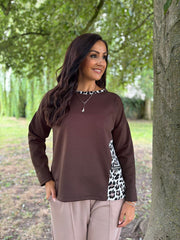 Chocolate Leopard Trim Sweat Top Kathy