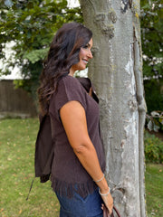 Chocolate Fringed Knit Vest Amara