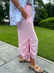 Pink Ruched Drawstring Wide Leg Trousers