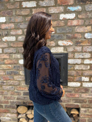 Navy Textured Floral Mesh Top Imogen