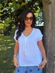 White Textured V Neck Top Jodie