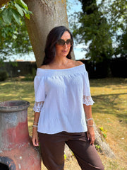 White Bubble Cotton Lace Trim Top Adele