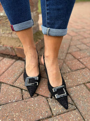 Black Textured Kitten Heel Shoes