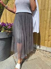 Charcoal Pleated Mesh Tulle Skirt