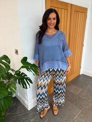 Denim Distressed Trim Net Top Shirley