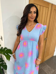 Blue Bubble Cotton Sunburst Dress Florence