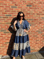 Dark Denim Tiered Floral Kaftan Roxie