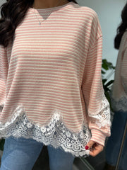 Pink Striped Lace Hem Top Adelaide