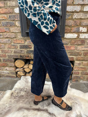 Navy Velour Barrel Leg Trousers Jaiya