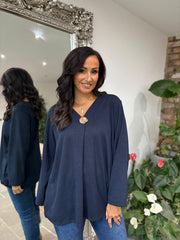 Navy V Neck Brooch Top Harper