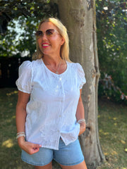 White Buttoned Broderie Flower Top Marcia